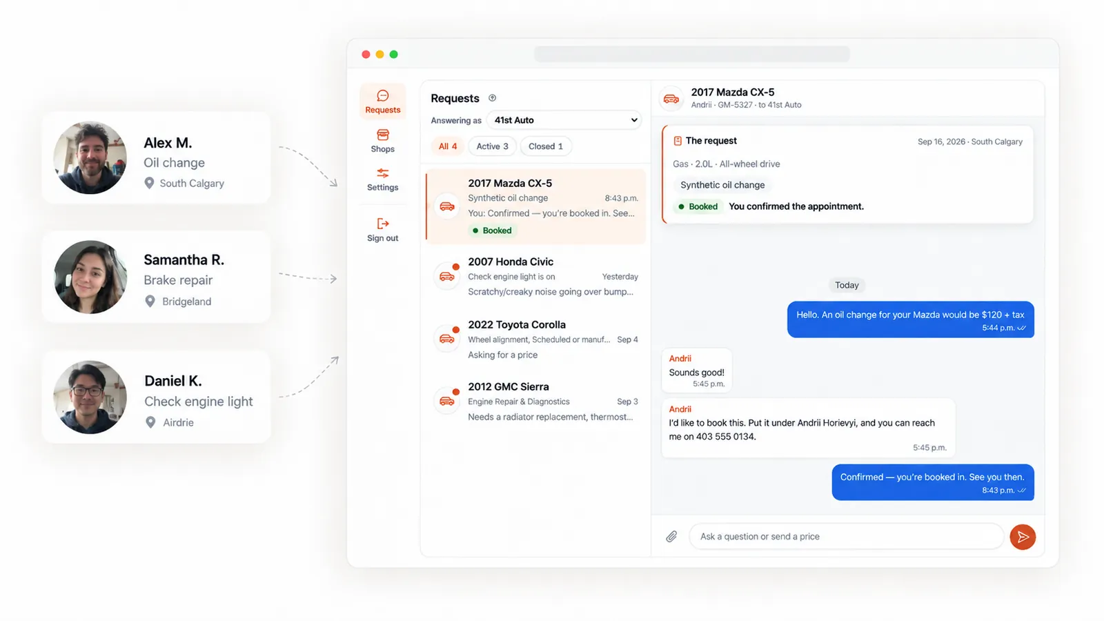 The GarageMap shop portal: three drivers' repair requests arriving in the Requests inbox, with one driver's chat open beside it and a booking confirmed.